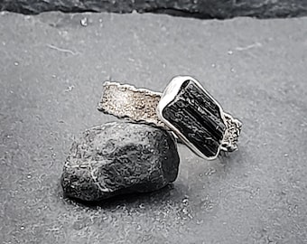 Black Tourmaline ring in oxidized 925 sterling silver artisan Jewelry Gift