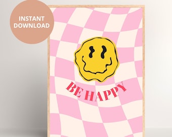 Be Happy Melted Smiley Face Wall Art, 70s Retro Art Print Poster Digital Download | Digital art | Gen Z wall art dorm rooms gallery walls