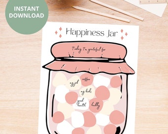 Printable Gratitude Happiness Jar Digital Download, 4 Colors, Daily Gratitude Journal Practice, Mindfulness Inspiration Jar, Print at Home