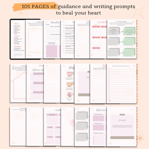 May include: A digital planner with 101 pages of guidance and writing prompts to help heal your heart. The planner features a pink and green color scheme with illustrations of teacups and stars. The pages include prompts for self-love, goals, and weekly planning.