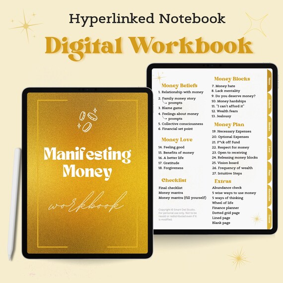 Manifesting Money Digital Workbook | Hyperlinked Notebook, GoodNotes PDF | Law of Attraction Planner, Manifestation Journal for Wealth
