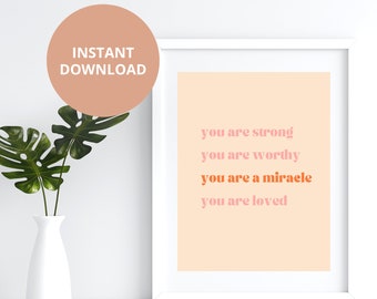 You are worthy Retro Font Wall Art | Print at Home Poster for Adults or Kids | Positive Mantras | Gallery Wall Printable Art