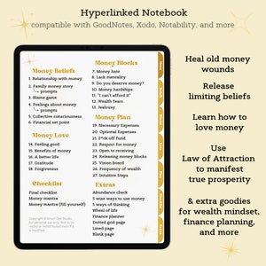 May include: A digital notebook page with a yellow background and a white border. The page is divided into sections with headings such as "Money Beliefs", "Money Blocks", "Money Love", "Money Plan", "Checklist", and "Extras". The page also includes text about healing old money wounds, releasing limiting beliefs, learning how to love money, and using the Law of Attraction to manifest true prosperity.