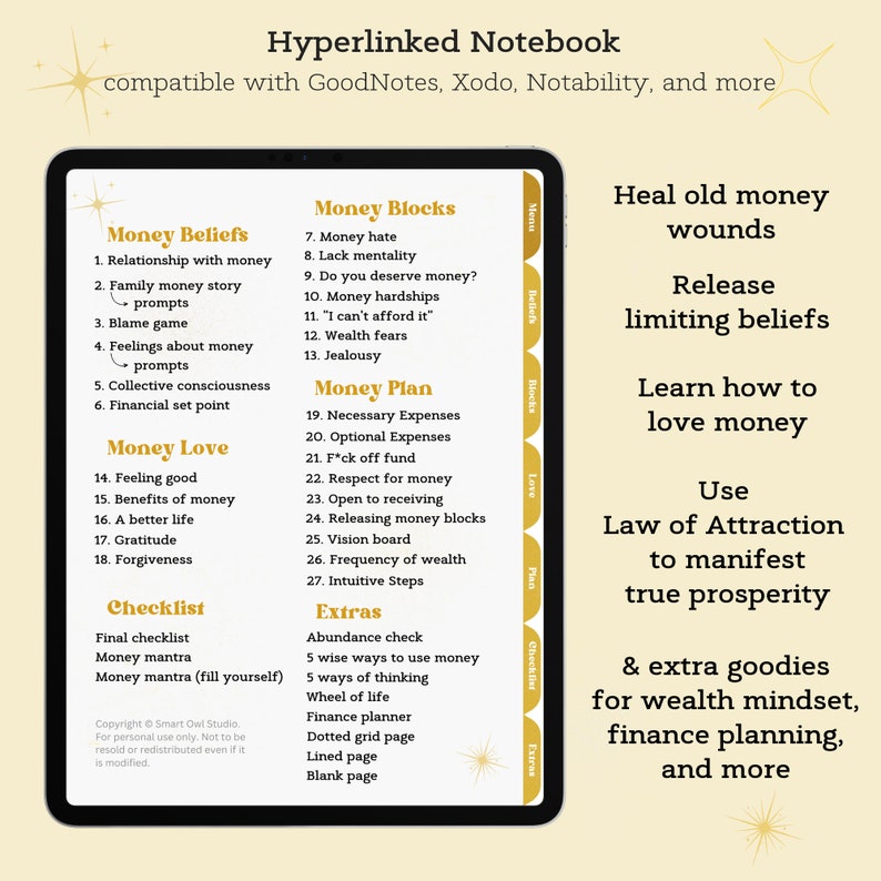 May include: A digital notebook page with a yellow background and a white border. The page is divided into sections with headings such as "Money Beliefs", "Money Blocks", "Money Love", "Money Plan", "Checklist", and "Extras". The page also includes text about healing old money wounds, releasing limiting beliefs, learning how to love money, and using the Law of Attraction to manifest true prosperity.