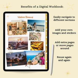 May include: A digital vision board on a tablet screen with images of travel, money, and luxury items. The text "Vision Board" is at the top of the screen. The tablet is on a yellow background with gold stars.