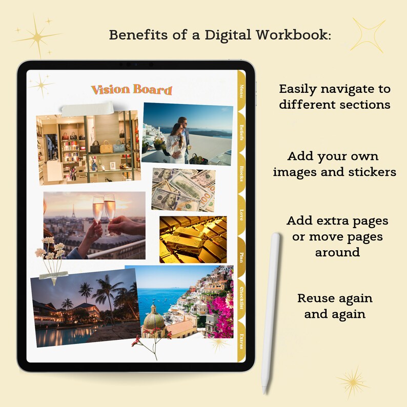 May include: A digital vision board on a tablet screen with images of travel, money, and luxury items. The text "Vision Board" is at the top of the screen. The tablet is on a yellow background with gold stars.