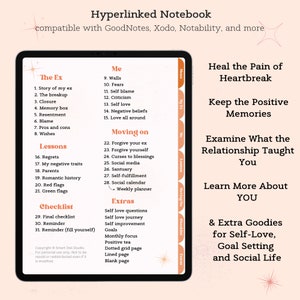 May include: A digital notebook page with a pink background and a white outline. The page is divided into sections with headings such as "The Ex", "Me", "Moving On", "Lessons", "Checklist", and "Extras". Each section contains a list of topics related to healing from a breakup and self-love.