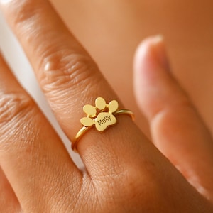 Anillo personalizado con nombre de pata de mascota, regalo para amantes de las mascotas, regalo conmemorativo, anillo de animal, pata de perro, regalo de Navidad, anillo apilable de oro.