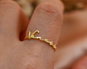 Custom Dainty Stacking Name Ring,Engraved Skinny Band Ring,Pet Name Ring,Gold Name Ring,Best Friend Gifts,Christmas Gifts,Birthday Gifts
