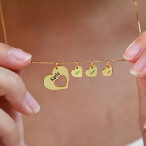 Dainty Minimalist Name Necklace,Engraved Hearts Necklace,Mom Necklace with Kids Names,Family Gift,Mother&#39;s Day Gift,Christmas Gift for Mom