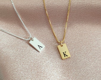 Custom Dainty Initial Tag Necklace,Gold Letter Necklace,Tiny Bar Necklace,Letter Pendant Necklace in Box Chain,Gift for Her,Bridesmaid Gift