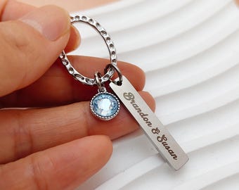 Personalized Name and birthstone Keychain,Blue Crystal Bridal Bouquet Charm,Wedding Gift,Engagement Gifts,Bridal Shower Memory Gift