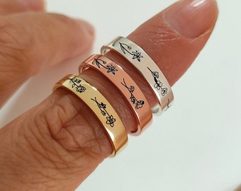 Personalized Birth Flower Ring,Mother&#39;s day gift,Stackable Name Ring,Anniversary Birthday Gift,Christmas gift,Gift for Her,handmade jewelry