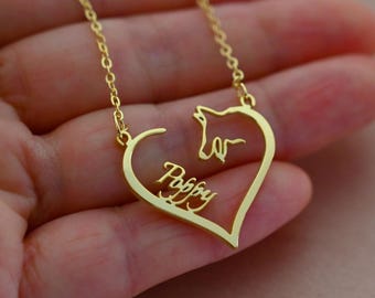 Engraved Dog Name Necklace,Heart Dog Ears Necklace,Gift for Pet Lovers,Pet Name Necklace,Pet Memorial Gift for Her,Personalized Animal Gifts