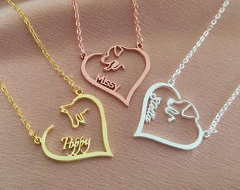 Engraved Dog Name Necklace,Heart Dog Ears Necklace,Gift for Pet Lovers,Pet Name Necklace,Pet Memorial Gift for Her,Personalized Animal Gifts