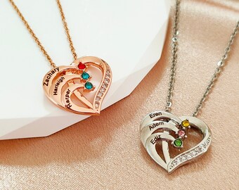 Personalisierte Herzen Birthstone Halskette, benutzerdefinierte Familien Halskette, Paar Namen Halskette, Geschenk für Frau GF Her, Jubiläumsgeschenk, Muttertagsgeschenk