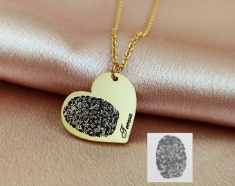 Custom Actual Fingerprint Necklace,Engraved Heart Fingerprint Jewel,Pawprint Handwritin Jewelry,Wedding Memorial Gift for her,Pet Lover Gift
