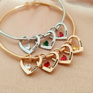 Pulseira de coração com nome personalizado, Pulseira com pingentes de pedra de nascimento personalizada, Presente de Dia das Mães, Pulseira com nome, Pulseira de família, Presente de aniversário, Presente de casamento