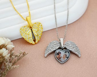 Anpassat halsband med hjärtformade änglavingar och foto, skyddsängelhalsband, smycken vid missfall, smycken vid förlust av spädbarn, minneshalsband, present till mors dag
