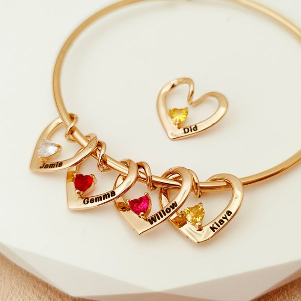 Personnalisez le bracelet coeur avec nom, bracelet à breloques pierre de naissance personnalisé, cadeau de fête des mères, bracelet prénom, bracelet de famille, cadeau d'anniversaire, cadeau de mariage