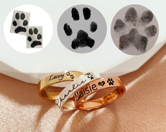 Pet Name Ring, Custom Paw Print Ring, Engraved Name Ring, Dog Paw Ring, Pet Lover Gift,Personalized Pet Ring,Memorial Pet Ring