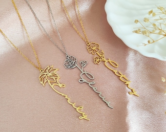 Personalized Birth Flower Necklace,Custom Name Necklace,Flower Bouquet Necklace,Grandma Gift,Mothers Day Gifts,Floral Necklace,Gift For Her