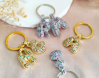 Custom Crystal Zircon Balloon Initial keychain,Bubble Letter Charm Necklace,Birthday Party Favors,Birthday Balloon keychain,Name keychain