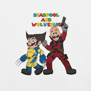 May include: A cartoon illustration of Deadpool and Wolverine, with the text "DEADPOOL AND WOLVERINE" above them. Deadpool is wearing a red and black suit with a gun in his hand. Wolverine is wearing a yellow and blue suit with claws on his hands.