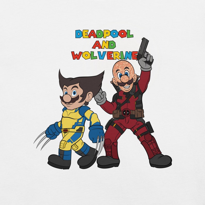 May include: A cartoon illustration of Deadpool and Wolverine, with the text "DEADPOOL AND WOLVERINE" above them. Deadpool is wearing a red and black suit with a gun in his hand. Wolverine is wearing a yellow and blue suit with claws on his hands.