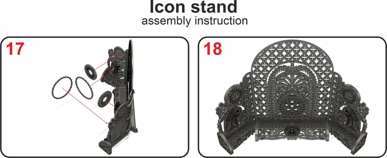 Puede incluir: Paso 17 y 18 de las instrucciones de montaje de un soporte para iconos. El soporte est&aacute; hecho de metal y tiene un dise&ntilde;o decorativo. El soporte se ensambla uniendo los anillos de metal al soporte.