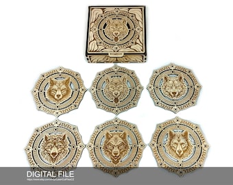 6 coasters with a box of celtic wolves A0116.  Laser cut files SVG, PDF, DXF Digital product
