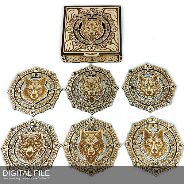 6 coasters with a box of celtic wolves A0116.  Laser cut files SVG, PDF, DXF Digital product