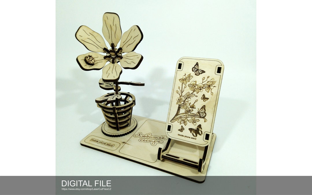 Phone Stand With Flower 3D V.1.1. Laser Cut Files SVG, DXF, CDR Digital ...
