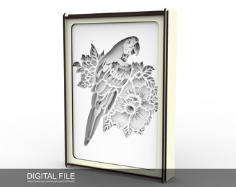 Multilayer panel "Parrot with flowers". Version P3. Laser cut files SVG, PDF, CDR Digital product