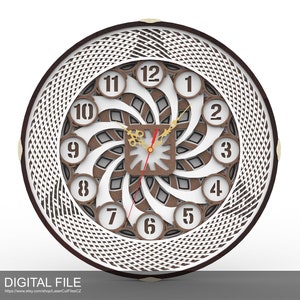 May include: A brown and white clock with a spiral design and Roman numeral hour markers. The clock has a gold-colored hour hand and a red minute hand.
