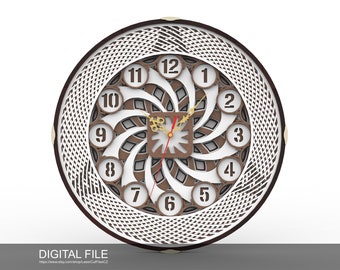 May include: A brown and white clock with a spiral design and Roman numeral hour markers. The clock has a gold-colored hour hand and a red minute hand.