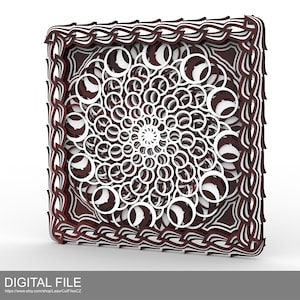 Puede incluir: Un diseño de mandala intrincado en blanco y marrón con un patrón en espiral de círculos superpuestos. El diseño está enmarcado por un borde decorativo.