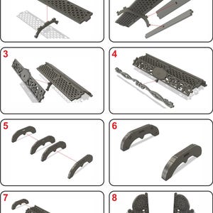 Puede incluir: Instrucciones de montaje para un soporte de icono. Las instrucciones muestran ocho pasos, cada paso ilustrado con un diagrama. El soporte est&aacute; hecho de metal y tiene un dise&ntilde;o decorativo.