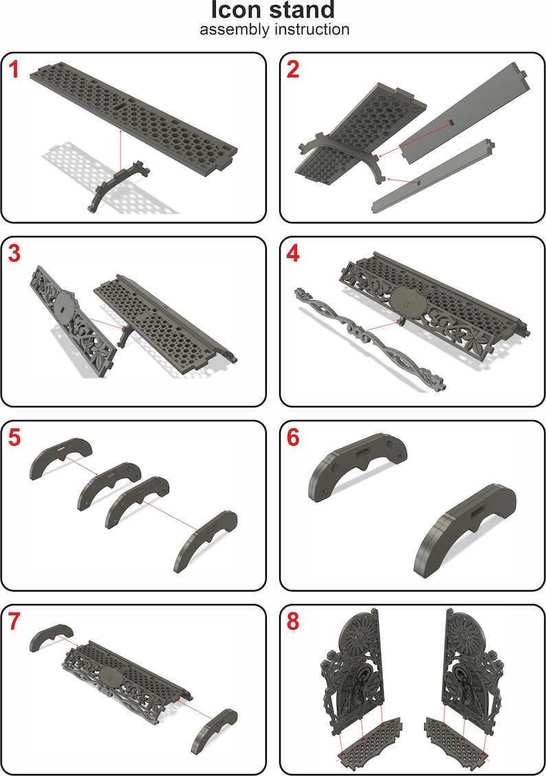 Puede incluir: Instrucciones de montaje para un soporte de icono. Las instrucciones muestran ocho pasos, cada paso ilustrado con un diagrama. El soporte est&aacute; hecho de metal y tiene un dise&ntilde;o decorativo.