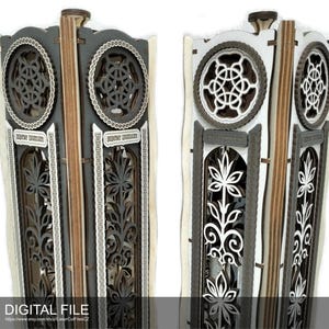 Op de afbeelding: Twee decoratieve houten panelen met ingewikkelde lasergesneden ontwerpen. De panelen hebben cirkelvormige en bloemmotieven, met een mix van donkergrijs, wit en natuurlijke houttinten. De woorden "DIGITAL FILE" zijn onderaan zichtbaar.