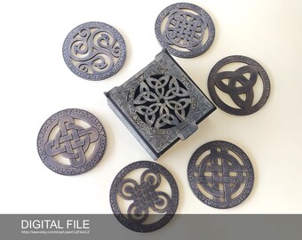 7 Celtic coasters with box.  Laser cut files SVG, PDF, CDR Digital product