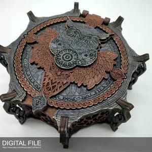 May include: A detailed, laser-cut wooden box with an owl motif. The design features an owl at the centre, surrounded by intricate patterns and a circular border. The colour scheme includes shades of grey, brown, and copper. The text "DIGITAL FILE" is at the bottom.