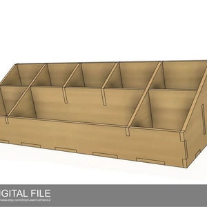 May include: A wooden organizer with eight compartments, perfect for storing small items. The organizer is made of natural wood and has a light brown finish.