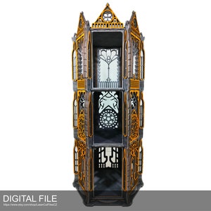 May include: A tall, intricately designed, wooden shelf unit with a gothic architectural style. The shelf has three levels and is painted in a dark gray and gold color scheme.