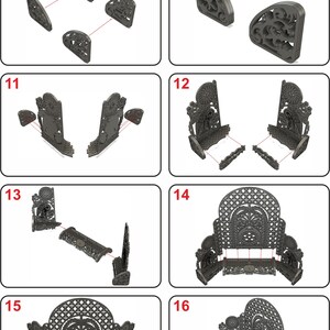 Puede incluir: Instrucciones de montaje para un soporte de icono. Las instrucciones muestran 16 pasos, cada paso muestra una etapa diferente del proceso de montaje. El soporte est&aacute; hecho de madera y tiene un dise&ntilde;o decorativo.