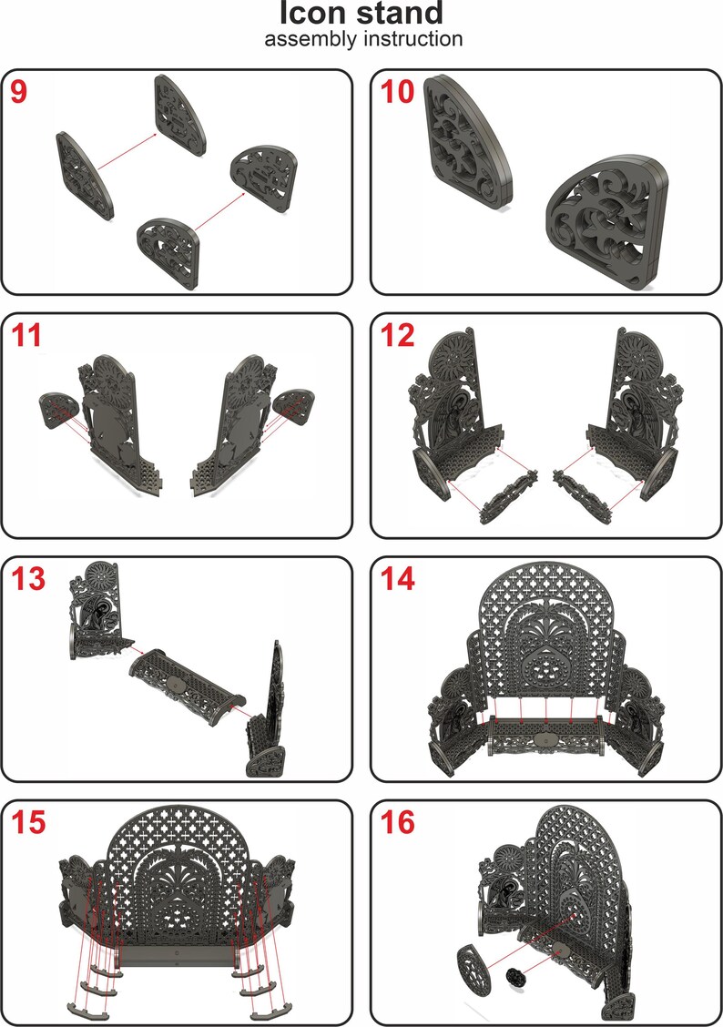 Puede incluir: Instrucciones de montaje para un soporte de icono. Las instrucciones muestran 16 pasos, cada paso muestra una etapa diferente del proceso de montaje. El soporte est&aacute; hecho de madera y tiene un dise&ntilde;o decorativo.