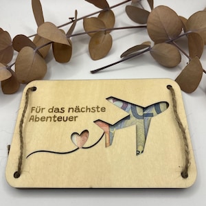 Geldgeschenk Karte Geburtstagskarte Hochzeit Geschenk Abenteuer Flugzeug Geldkarte aus Holz mit Gravur