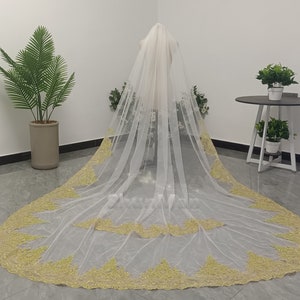 Gold Lace Bridal Veil Cathedral Wedding Lace Veil Single Layer White Ivory Soft Tulle Vail Wedding Dress Accessories