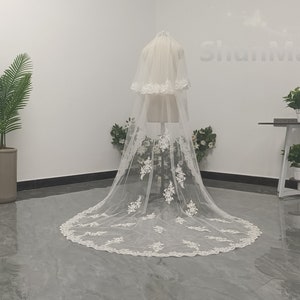 White Ivory Lace Applique Veil Luxury Two Layer Lace Applique Veil Cathedral Bridal Lace Veil