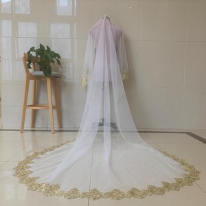 Ivory, white single-layer gold lace applique veil, cathedral wedding lace veil